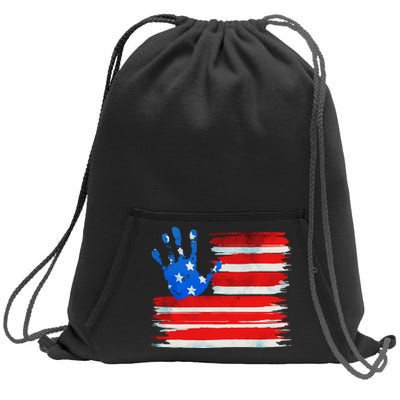 Painted American Flag Hand Print Sweatshirt Cinch Pack Bag