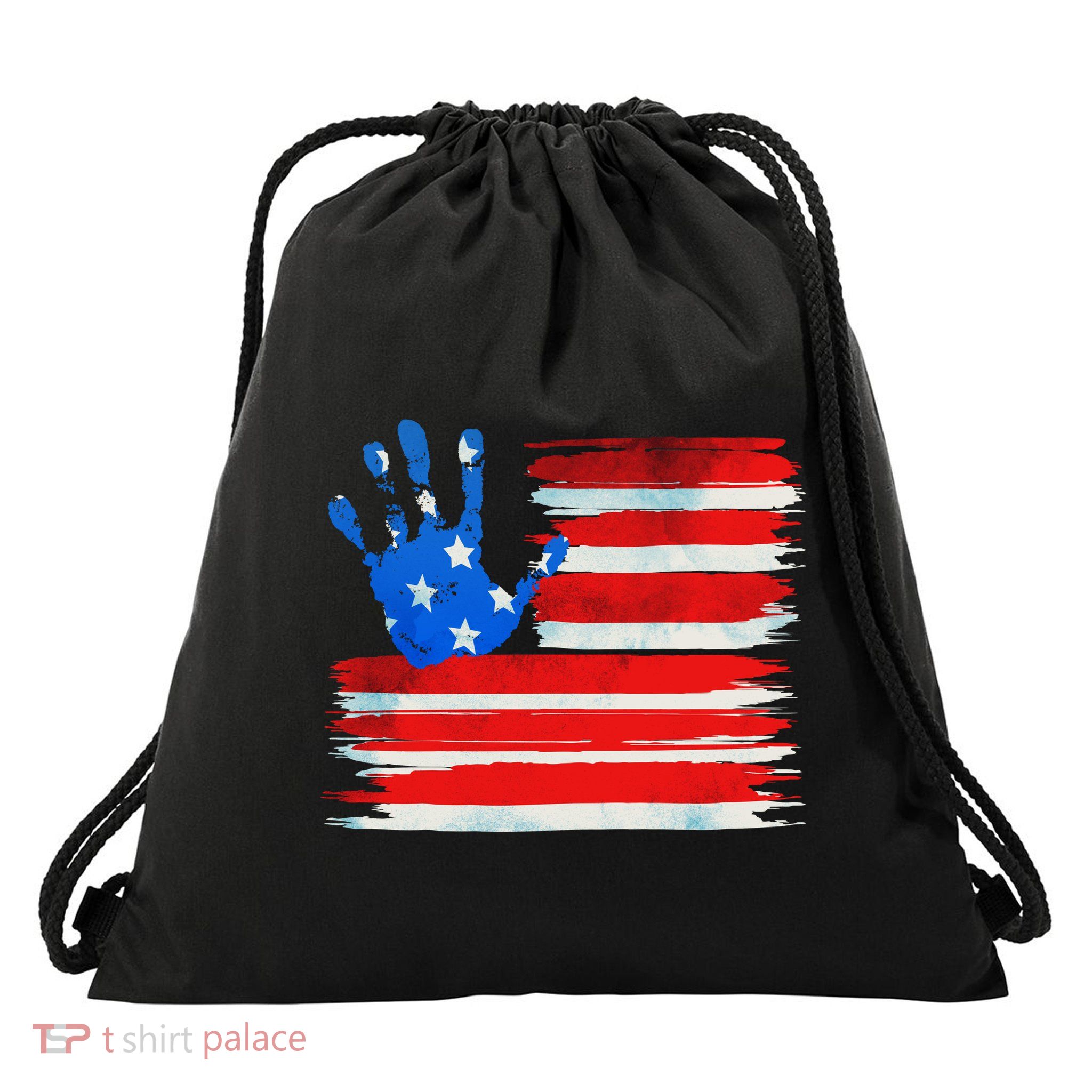 Painted American Flag Hand Print Drawstring Bag