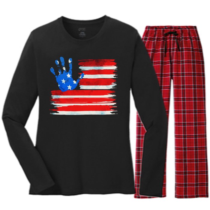 Painted American Flag Hand Print Women's Long Sleeve Flannel Pajama Set 