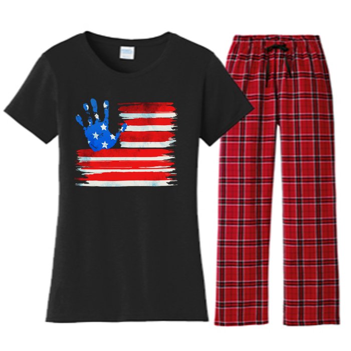 Painted American Flag Hand Print Women's Flannel Pajama Set