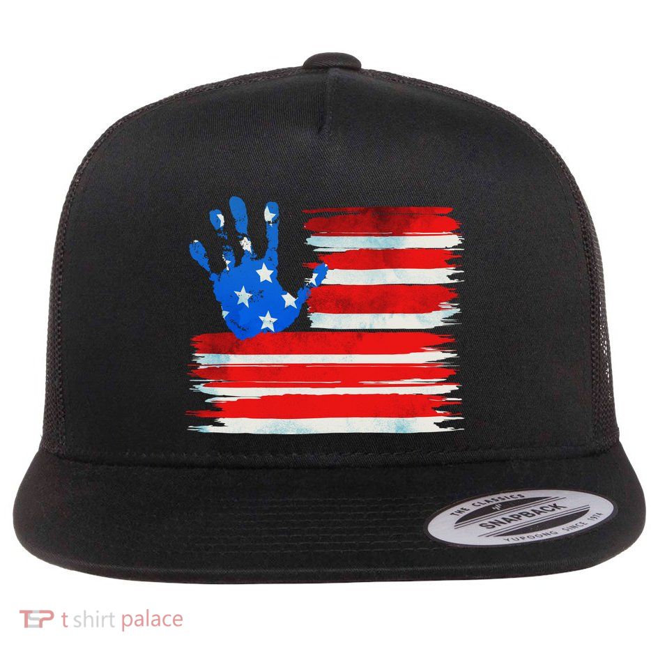 Painted American Flag Hand Print Flat Bill Trucker Hat