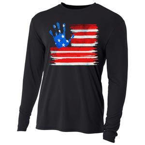 Painted American Flag Hand Print Cooling Performance Long Sleeve Crew