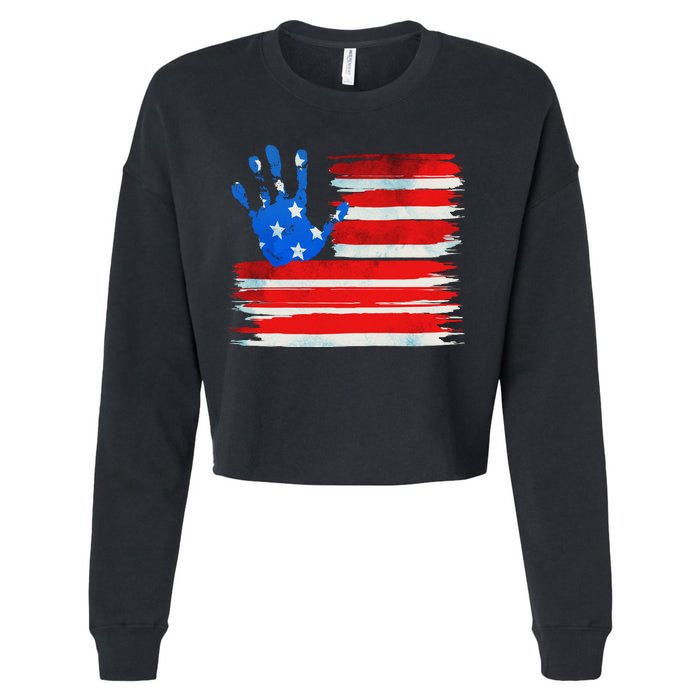 Painted American Flag Hand Print Cropped Pullover Crew