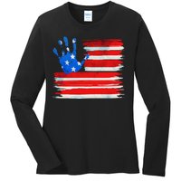 Painted American Flag Hand Print Ladies Long Sleeve Shirt