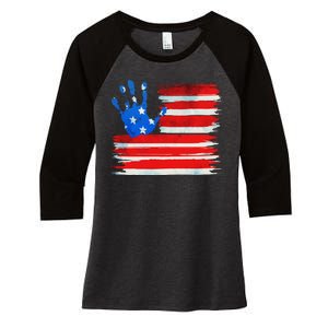 Painted American Flag Hand Print Women's Tri-Blend 3/4-Sleeve Raglan Shirt