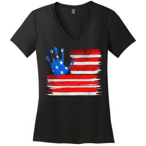 Painted American Flag Hand Print Women's V-Neck T-Shirt