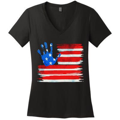 Painted American Flag Hand Print Women's V-Neck T-Shirt