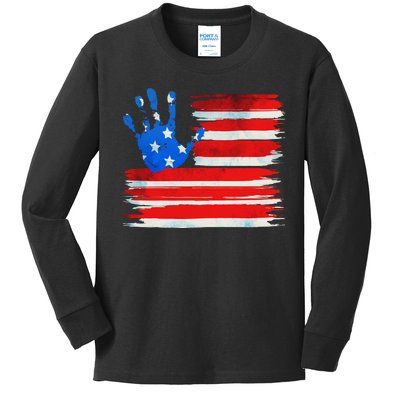 Painted American Flag Hand Print Kids Long Sleeve Shirt