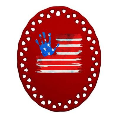 Painted American Flag Hand Print Ceramic Oval Ornament