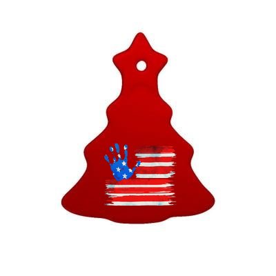 Painted American Flag Hand Print Ceramic Tree Ornament