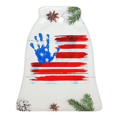 Painted American Flag Hand Print Ceramic Bell Ornament