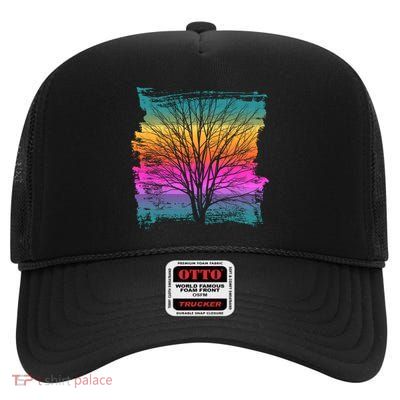 Painted Sunset Colors Tree High Crown Mesh Back Trucker Hat