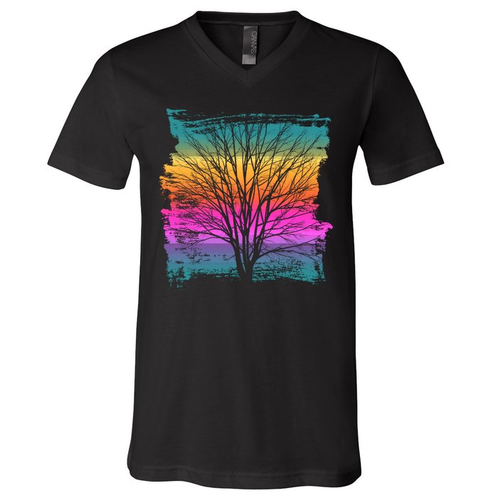 Painted Sunset Colors Tree V-Neck T-Shirt