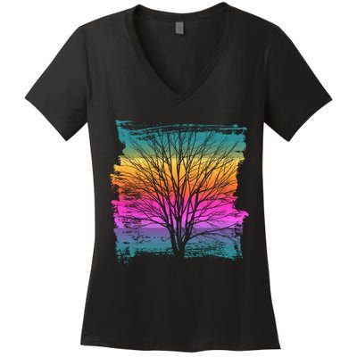 Painted Sunset Colors Tree Women's V-Neck T-Shirt