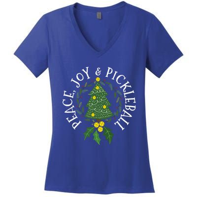 Peace And Joy Christmas Tree Pickleball Gift Women's V-Neck T-Shirt