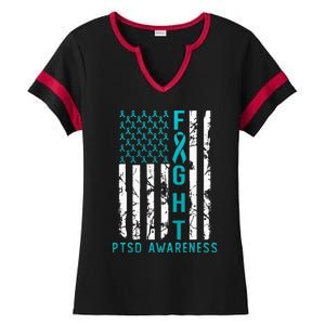 PTSD Awareness June USA Flag Ribbon Teal Ladies Halftime Notch Neck Tee