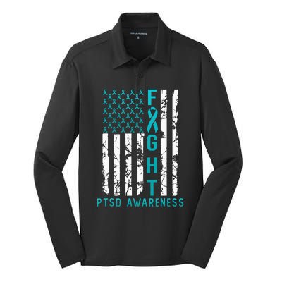 PTSD Awareness June USA Flag Ribbon Teal Silk Touch Performance Long Sleeve Polo