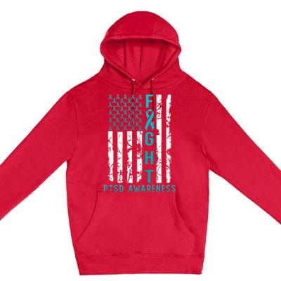 PTSD Awareness June USA Flag Ribbon Teal Premium Pullover Hoodie