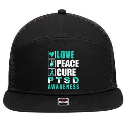 Ptsd Awareness Love Peace Cure Teal Ribbon 7 Panel Mesh Trucker Snapback Hat