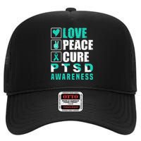 Ptsd Awareness Love Peace Cure Teal Ribbon High Crown Mesh Back Trucker Hat