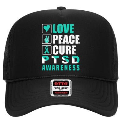 Ptsd Awareness Love Peace Cure Teal Ribbon High Crown Mesh Back Trucker Hat