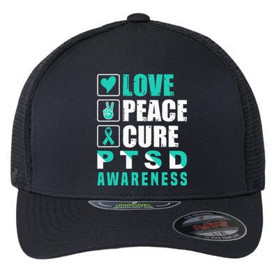 Ptsd Awareness Love Peace Cure Teal Ribbon Flexfit Unipanel Trucker Cap