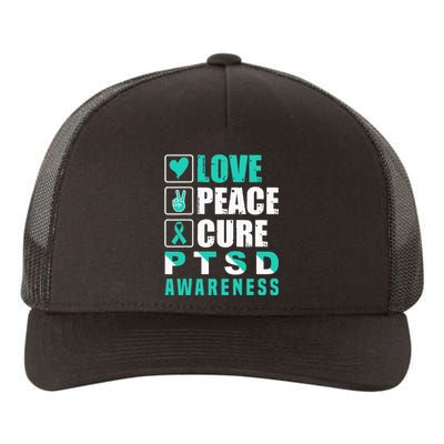 Ptsd Awareness Love Peace Cure Teal Ribbon Yupoong Adult 5-Panel Trucker Hat