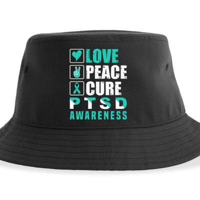 Ptsd Awareness Love Peace Cure Teal Ribbon Sustainable Bucket Hat