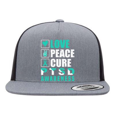 Ptsd Awareness Love Peace Cure Teal Ribbon Flat Bill Trucker Hat