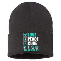 Ptsd Awareness Love Peace Cure Teal Ribbon Sustainable Knit Beanie