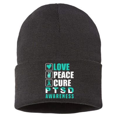 Ptsd Awareness Love Peace Cure Teal Ribbon Sustainable Knit Beanie