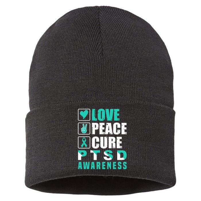 Ptsd Awareness Love Peace Cure Teal Ribbon Sustainable Knit Beanie