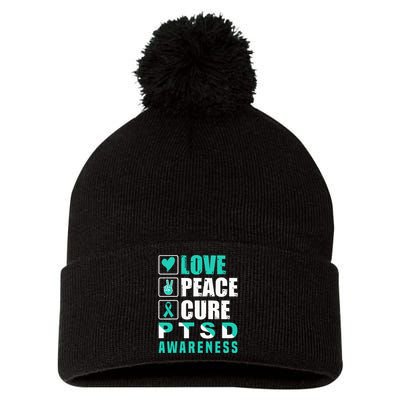 Ptsd Awareness Love Peace Cure Teal Ribbon Pom Pom 12in Knit Beanie