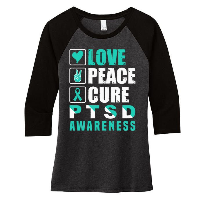 Ptsd Awareness Love Peace Cure Teal Ribbon Women's Tri-Blend 3/4-Sleeve Raglan Shirt