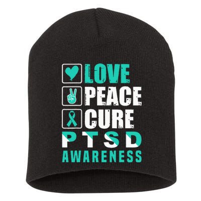 Ptsd Awareness Love Peace Cure Teal Ribbon Short Acrylic Beanie