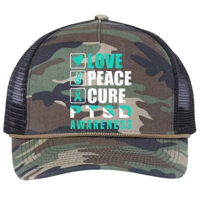 Ptsd Awareness Love Peace Cure Teal Ribbon Retro Rope Trucker Hat Cap