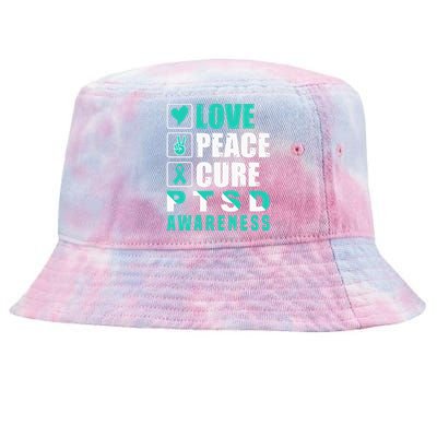 Ptsd Awareness Love Peace Cure Teal Ribbon Tie-Dyed Bucket Hat