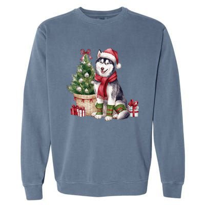 Pet Animal Lovers Cute Siberian Husky Dog Christmas Tree Funny Gift Garment-Dyed Sweatshirt