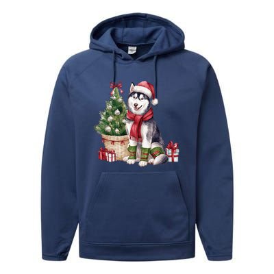 Pet Animal Lovers Cute Siberian Husky Dog Christmas Tree Funny Gift Performance Fleece Hoodie