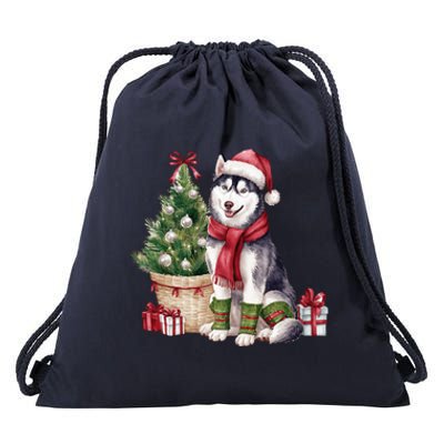 Pet Animal Lovers Cute Siberian Husky Dog Christmas Tree Funny Gift Drawstring Bag