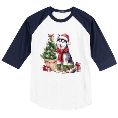 Pet Animal Lovers Cute Siberian Husky Dog Christmas Tree Funny Gift Baseball Sleeve Shirt