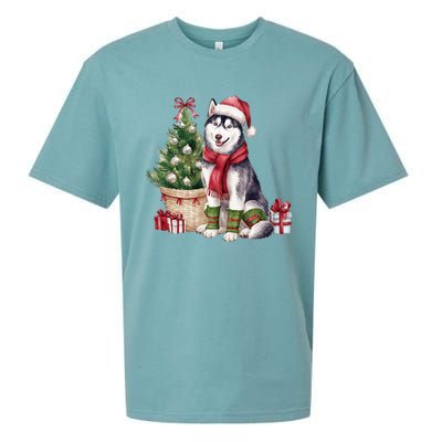 Pet Animal Lovers Cute Siberian Husky Dog Christmas Tree Funny Gift Sueded Cloud Jersey T-Shirt