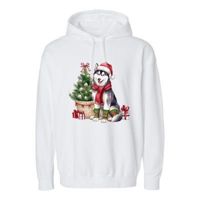 Pet Animal Lovers Cute Siberian Husky Dog Christmas Tree Funny Gift Garment-Dyed Fleece Hoodie