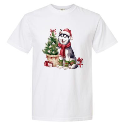 Pet Animal Lovers Cute Siberian Husky Dog Christmas Tree Funny Gift Garment-Dyed Heavyweight T-Shirt