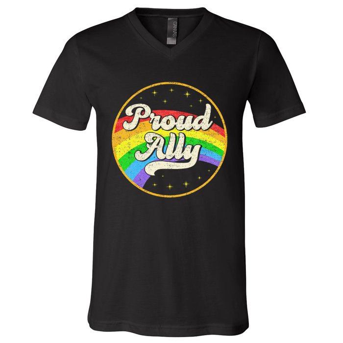 Proud Ally LGBT Pride Ally Rainbow Flag Retro Vintage V-Neck T-Shirt