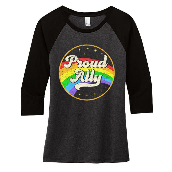 Proud Ally LGBT Pride Ally Rainbow Flag Retro Vintage Women's Tri-Blend 3/4-Sleeve Raglan Shirt