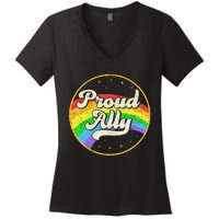 Proud Ally LGBT Pride Ally Rainbow Flag Retro Vintage Women's V-Neck T-Shirt