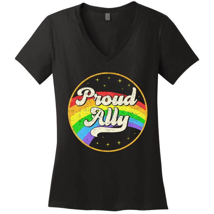 Proud Ally LGBT Pride Ally Rainbow Flag Retro Vintage Women's V-Neck T-Shirt