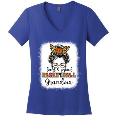 Proud And Loud Basketball Grandma Messy Bun Leopard Funny Gift Women's V-Neck T-Shirt