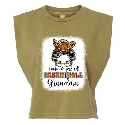 Proud And Loud Basketball Grandma Messy Bun Leopard Funny Gift Garment-Dyed Women's Muscle Tee